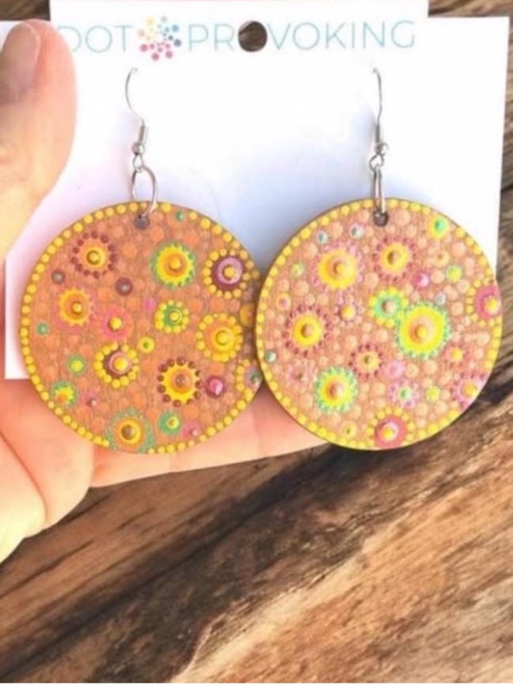 Hand crafted! Dot-Painted 2” circular Boho floral earrings: earth tones